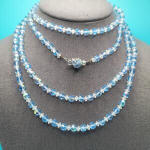 Vintage Baby Ice Blue Aurora Borealis Crystal Beaded Single Strand Necklace, 62"
